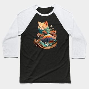 Mt Fuji Wise Yokai Cat Watercolors Baseball T-Shirt